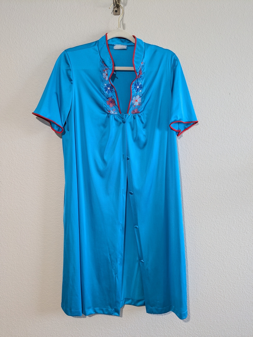 Vintage Rich Blue Red Piping Trim Floral Embroidery Nightgown Nightie S